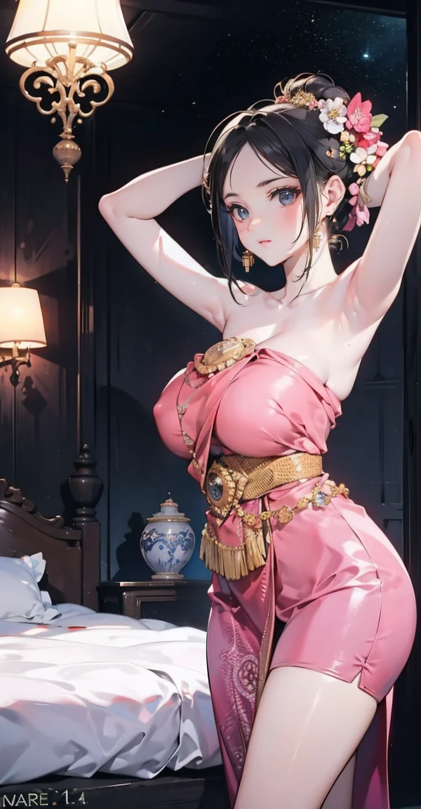 Group of 5 princesses,(ung women,many young women), (in the bedroom), Various hair styles, harem, Wearing a strapless Thai dress.., at night, detailed face, big ort skirt, mule, Sleeveless , Show your armpits, at night, starry at night,(large areolae:1.4,pinnipples are clearly v...),topless