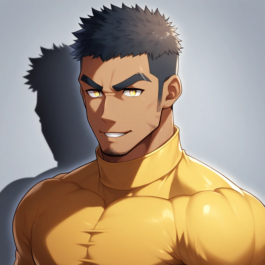 anime characters：Gyee, Muscle Sports Student, negro black skin, 1 dark skin muscular tough guy, Manliness, male focus, Light yellow high collar long sleeve tight T-shirt, Very tight, Round, full and perky chest muscles, Slightly transparent, muscular male, muscular, only, Upper body, alone, Black short hair, Thick eyebrows, stubble, Yellow eyes, Grey background, simple background, amazing quality, best aesthetics, Ridiculous, bright pupils, crew cut, parted lips, seductive smile, torogao, naughty face, drop shadow, best quality