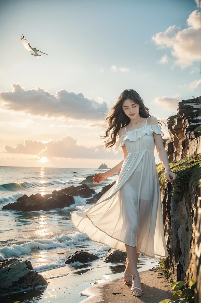 (((best quality))),(((ultra detailed))),(((masterpiece))),illustration, girl, watching sunrise, seaside,, soft light, serene atmosphere, long wavy hair, sparkling green eyes, fair skin, white sundress, seashell pattern, sandals, cliff edge, azure sea, waves crashing, seagulls soaring, camera in hand, joyful expression, warm sunlight, ethereal presence, peaceful setting