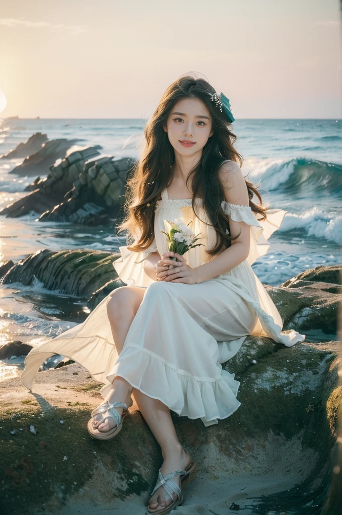 (((best quality))),(((ultra detailed))),(((masterpiece))),illustration, girl, watching sunrise, seaside,, soft light, serene atmosphere, long wavy hair, sparkling green eyes, fair skin, white sundress, seashell pattern, sandals, cliff edge, azure sea, waves crashing, seagulls soaring, camera in hand, joyful expression, warm sunlight, ethereal presence, peaceful setting
