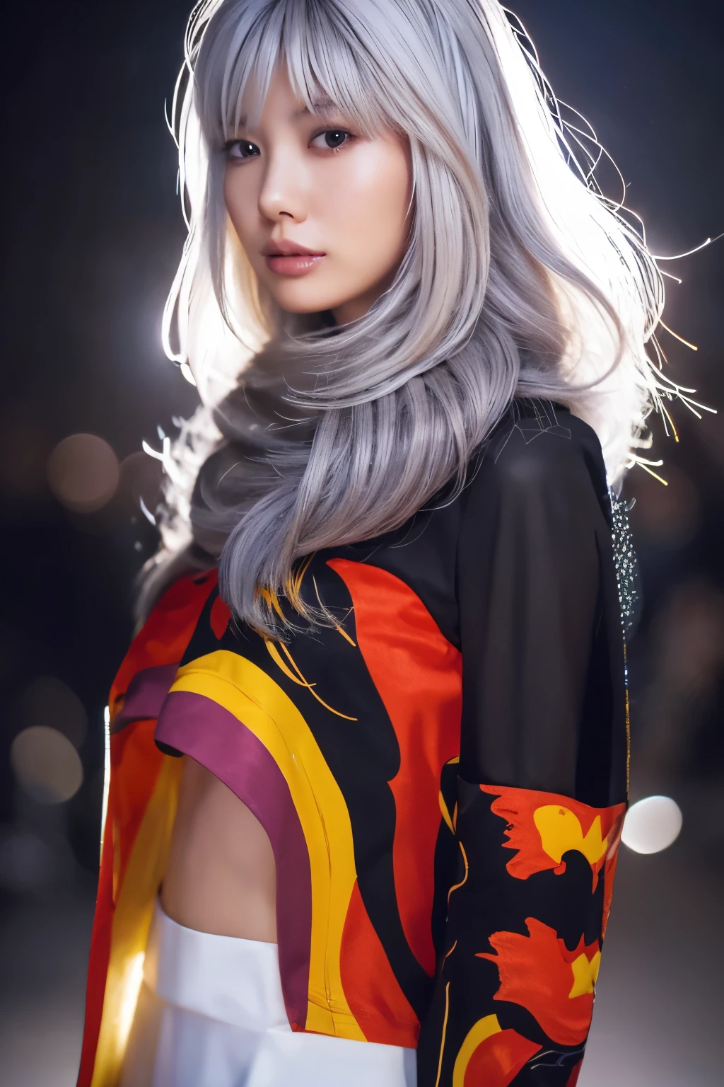 Masterpiece, high quality, high resolution, 8K, (solo:1.2), ((1girl)), Japanese woman, detailed face, detailed eyes, correct body structure, upper body, ((White hair:1.2)), very long hair, messy hair, slender body, seductive silhouette, luminous bones, depth of field, dark photo at nighttime, dimly lit, bangs, Cinematic Lighting, Tyndall effect, abstract background, futuristic outfits, vibrant colors, modern style, wide sleeves, artistic, unique patterns, colorful, stylish, trendy