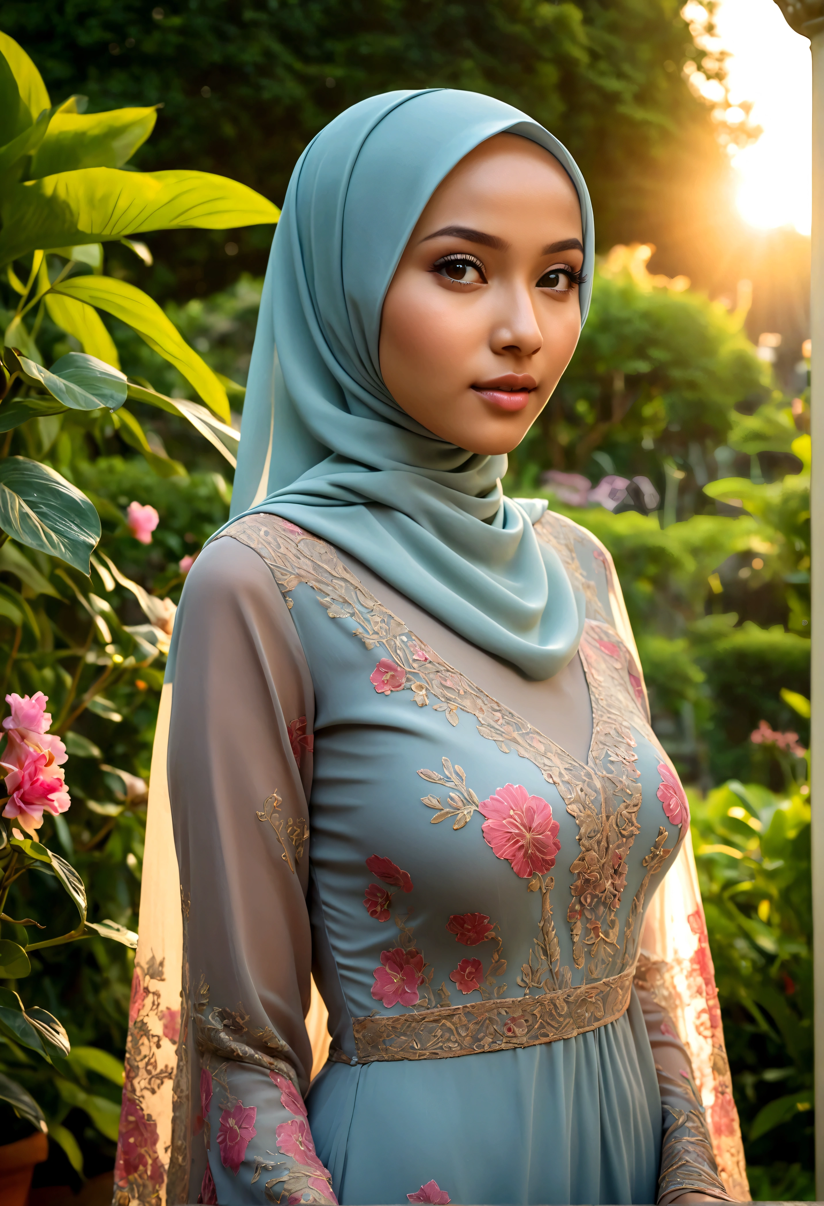 A lovely Malaysian woman (age 20, hijab no hair showing, busty, sheer summer dress (no underwear)), glamour poses in lavish garden at sunrise
