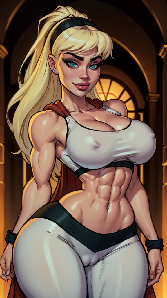 WITH YOUR BACK TO THE CAMERA,((ultra quality)), ((masterpiece)), supes, cute smile, smile, ((long blonde hair)), (Beautiful face), (beautiful female lips), (), charming, ((sexy facial expression)), (white skin color), (white skin), glare on the body, ((detailed beautiful female eyes)), ((dark brown eyes)), (juicy female lips), (dark eyeliner), (tank top, midriff, ), (((headband))), (((leggings))), wide eyebrows, abs, slanted green eyes, makeup eyelids, big cheekbones, thin cheeks, defined jaw, (beautiful female hands), ((ideal female figure)), ideal female body, beautiful waist, gorgeous thighs, beautiful huge breasts, cleavage,((subtle and beautiful)), sexy worth
