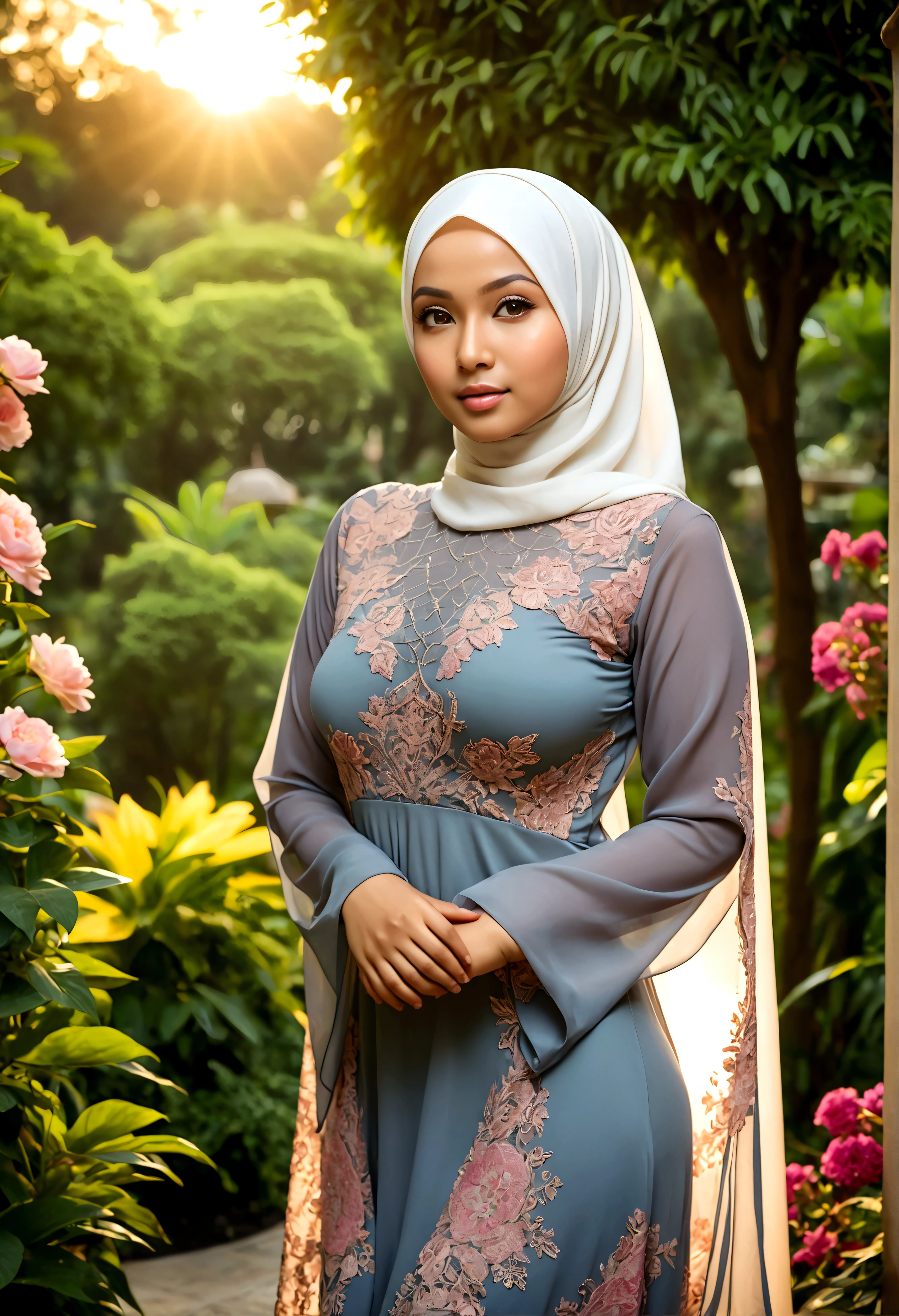 A lovely Malaysian woman (age 20, hijab no hair showing, busty, sheer summer dress (no underwear)), glamour poses in lavish garden at sunrise
