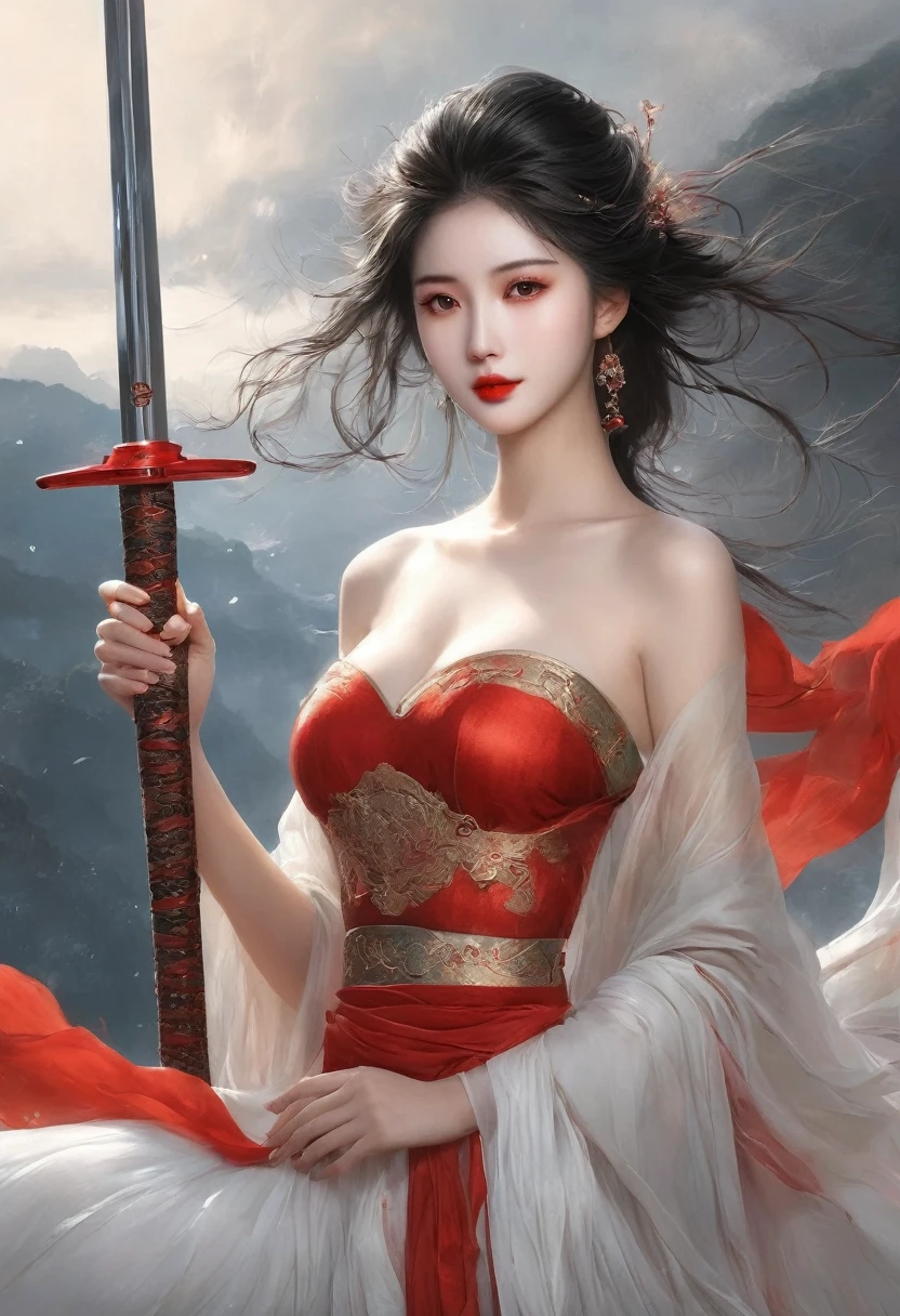 Girl with sword,Simple lines,nude,Transparent water,Chest,Cleavage,Minimalism,Holding a red long sword,