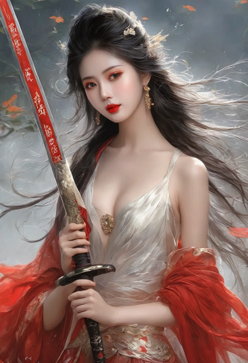 (masterpiece),(best quality:1.1),(Super detailed),Best Illustration,detailed,(naked:1.1),(Intense full body shot),Watercolor painting)floating,1 busty girl,(Large Breasts,nipple),Solitary,,Slim,(极其Exquisite beauty的脸),(big eyes,Exquisite beauty),(Messy black hair),(Exquisite makeup,Red lips),Holding a red long sword,Soft and lazy,bright,4K