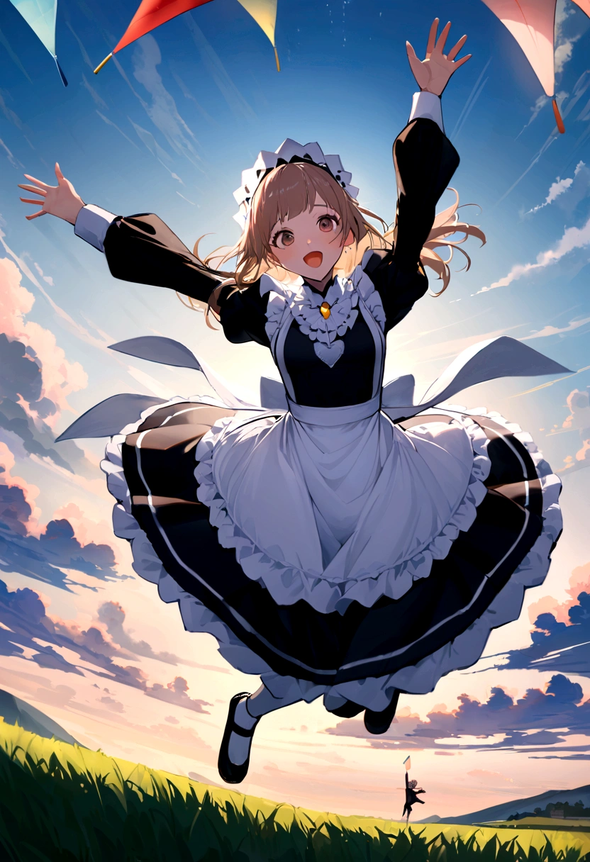 Masterpiece、Landscapeの、Landscape、Landscapeのメイド、ビルの上をJump、From Lawn Angle、Maid clothes、beautiful girl、Maid Costume、Frills fluttering in the wind、ビルの合間をJumpする、there is a man that is Jumping in the air with a kite, Leap into the air, Jump pose, Jumping towards viewer, horizontally Leap!!!, Jumping for joy, Leap, Aerial浮揚, Rise from the ground, Leap towards viewer, ultra - high Jump, Jumping, Leap with arms up, Aerial, Jump