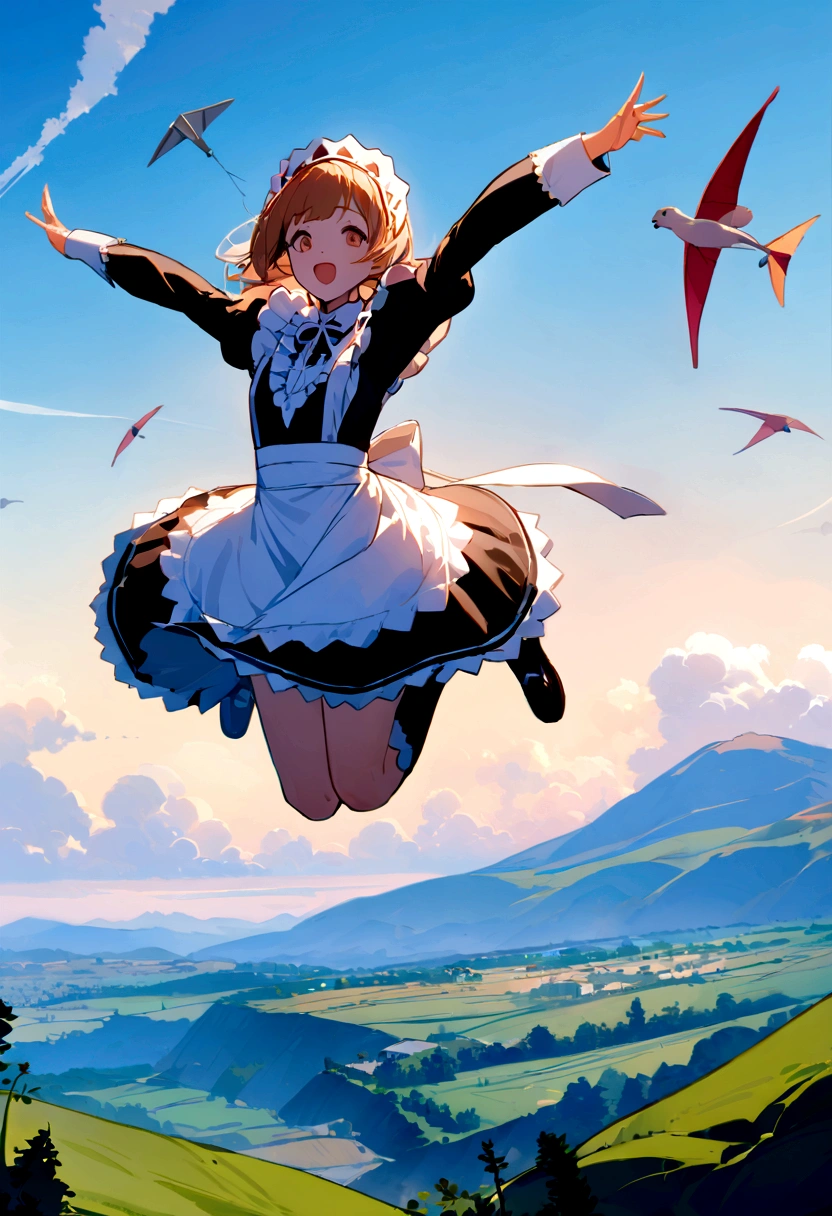 Masterpiece、Landscapeの、Landscape、Landscapeのメイド、ビルの上をJump、From Lawn Angle、Maid clothes、beautiful girl、Maid Costume、Frills fluttering in the wind、ビルの合間をJumpする、there is a man that is Jumping in the air with a kite, Leap into the air, Jump pose, Jumping towards viewer, horizontally Leap!!!, Jumping for joy, Leap, Aerial浮揚, Rise from the ground, Leap towards viewer, ultra - high Jump, Jumping, Leap with arms up, Aerial, Jump