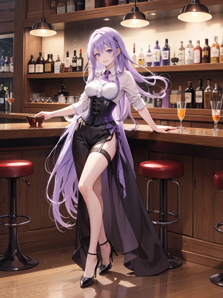 <lora:Akashi_Sarina_lora:0.45><lora:FishnetBunnyV1:1.2>,(1 girl),green_eyes, purple_hair,(black reverse bunnysuit),(fishnet bodysuit) ,animal ears,black rabbit ears,(red bowtie),(heart pasties) ,(masterpiece:1.2), game CG ,pov, window shade, light particles, (full_body:1.4), (mature female:1.3), milf, Beautiful long legs,Beautiful body,Beautiful Nose,Beautiful character design, perfect eyes, perfect face, (large breasts), (smile:0.8), (cleavage:0.8),sitting,(sitting on a red stool),holding,(holding a wine glass),(dim lights:1.4),counter,bar background,anime background,indoor,