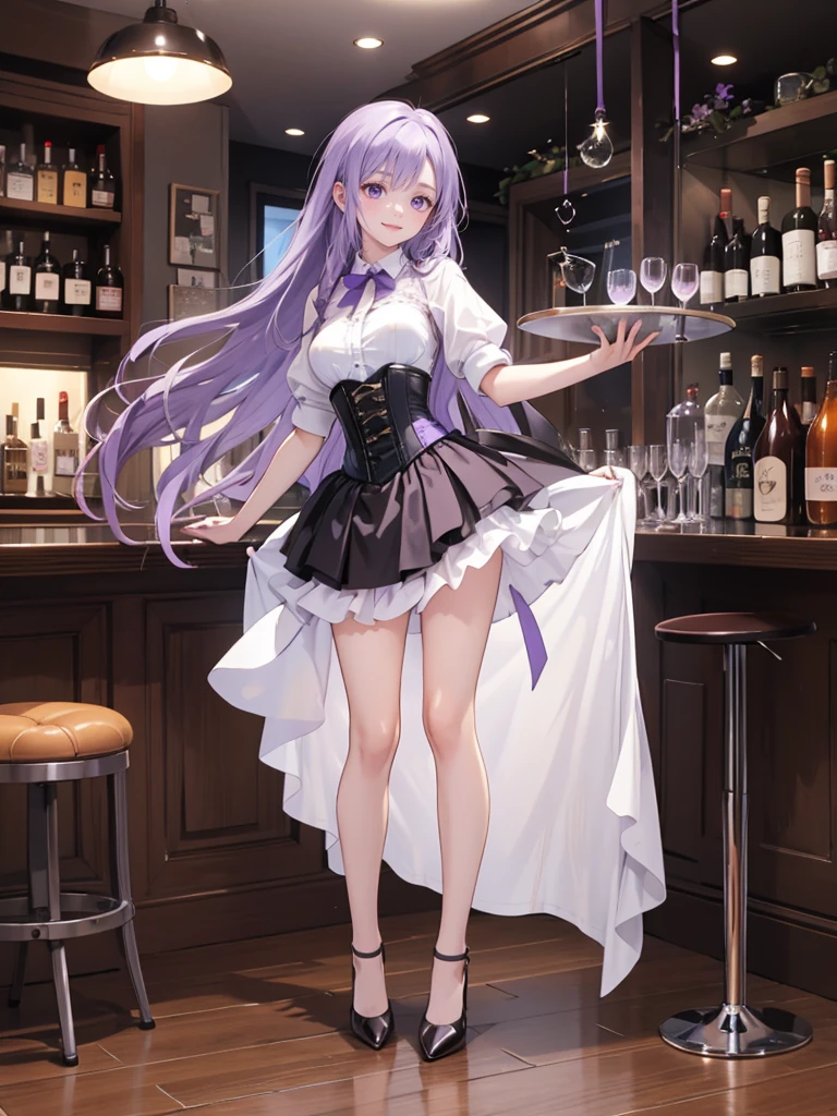 purple,(((long hair))),woman,Bartender,corset,shirt,(Roll up your sleeves)tiehigh heels,all,simple background,smile,whole body,full body,full body,Standing picture,vtuber,upright,,look forward to,body facing forward