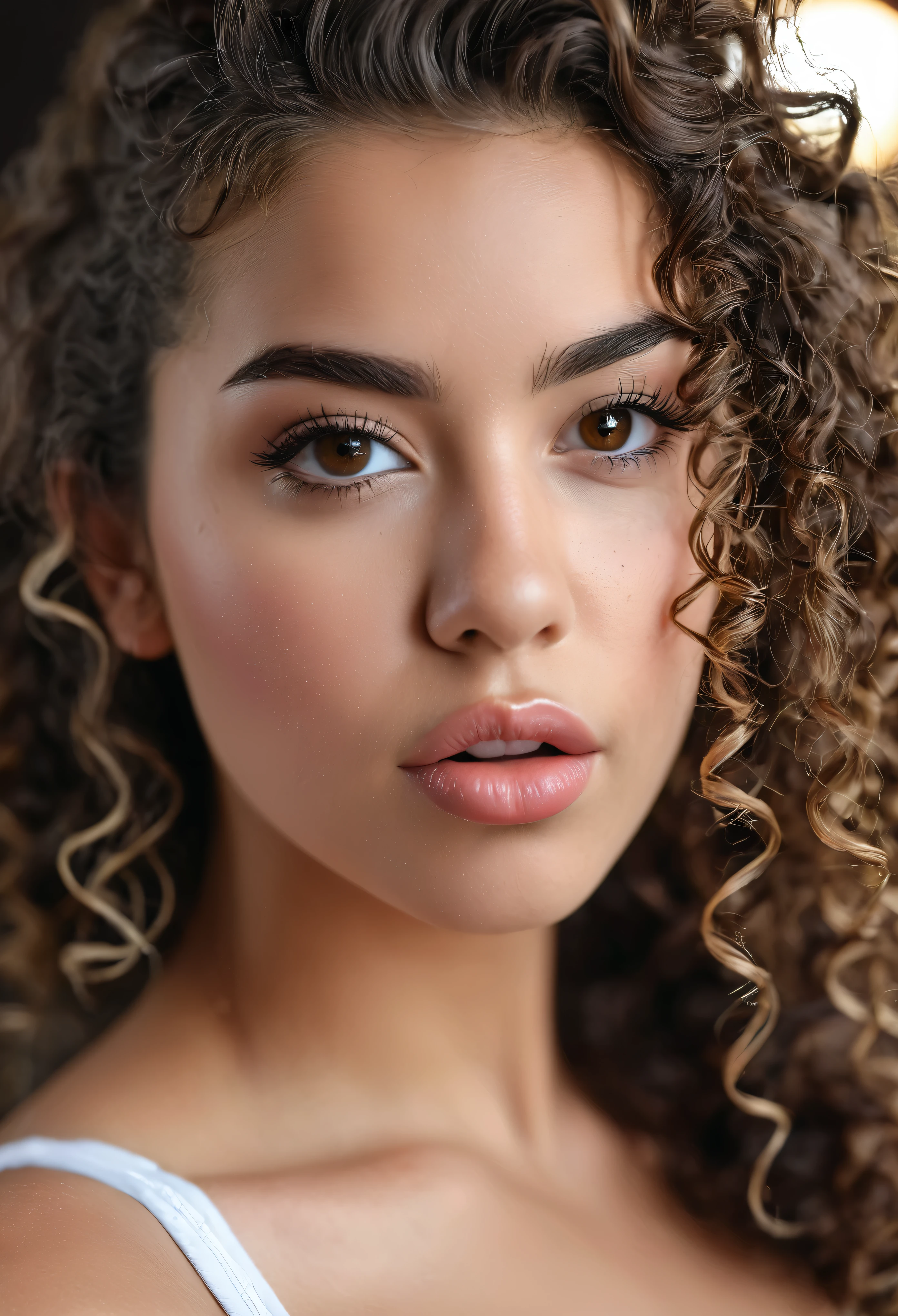 raw and candid full body photo of&#39;a beautiful 20 year old girl, large lips, greeneyes, the whole body, high cheekbones, pernicious, Black and Mexican mixed race, breasts big, far away, curly brown hair, textura de pele realista, very tall breasts big, athletic, imperfect skin, Shot with Sony Alpha A6500 1.4f, bokeh, very detailled, boss of&#39;work of art,   ,athletic et tonique, facing the&#39;Before, standing, hyperrealisti
