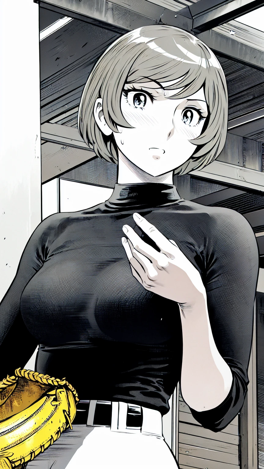 (野球uniform:1.2),
Blonde Hair, (short hair:1.2),Long sleeve, Black Shirt, turtleneck,White trousers、uniform、Black belt、((Illustration of people))、Big 、
View Audience,, (Highest quality:1.3),One Girl, White pants、uniform、Outdoor、baseball ground、ground、soil、blue eyes、Tight black shirt、(masterpiece、Highest quality)、Highest quality, Ultra-high resolution, (((masterpiece))), alone, Sweat、Big eyes、Big Breasts、One Girl, Front view、Embarrassed face、Bronze colored hair、((short hair))、Stand up straight
