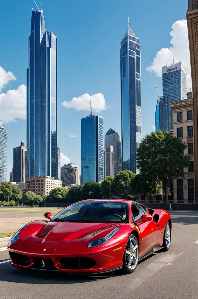 A Ferrari car is flying in the blue sky and there are so many tall buildings are there
