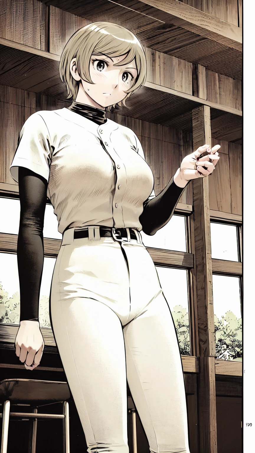(野球uniform:1.2),
Blonde Hair, (short hair:1.2),Long sleeve, Black Shirt, turtleneck,White trousers、uniform、Black belt、((Illustration of people))、Big Boobs、
View Audience,, (Highest quality:1.3),One Girl, White pants、uniform、Outdoor、baseball ground、ground、soil、blue eyes、Tight black shirt、(masterpiece、Highest quality)、Highest quality, Ultra-high resolution, (((masterpiece))), alone, Sweat、Big eyes、Big Breasts、One Girl, Front view、Embarrassed face、Bronze colored hair、((short hair))、Stand up straight