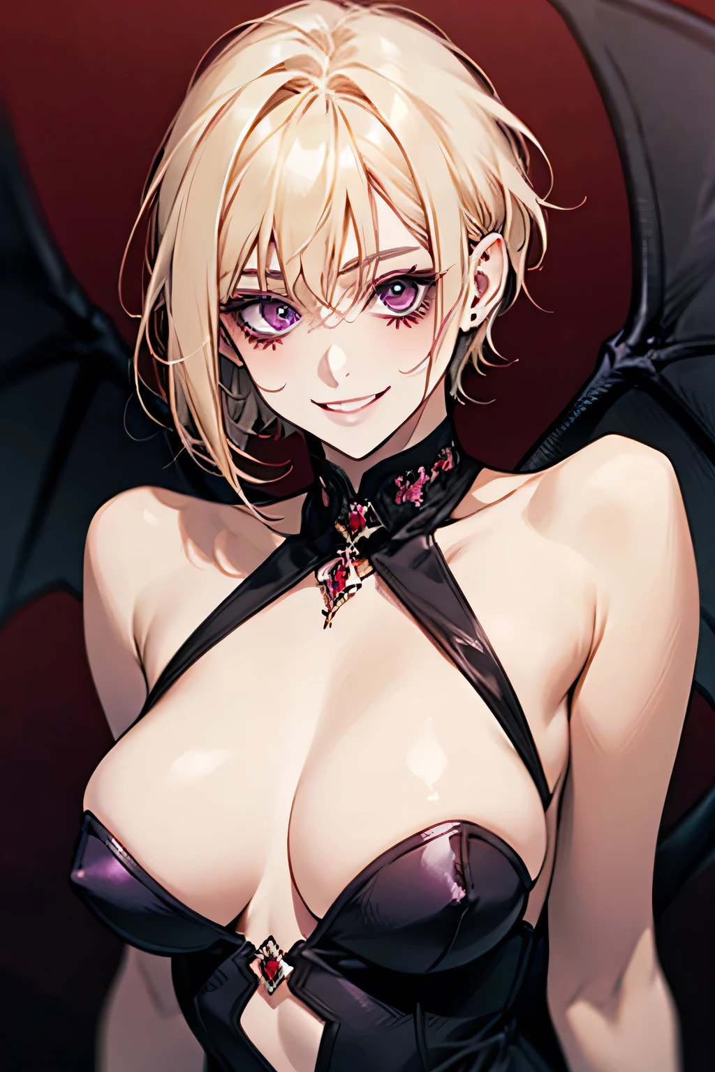 Succubus,short hair,Provocative smile,blonde,Purple Devil Wings,Devil's Tail. The background is the night view of Las Vegas.