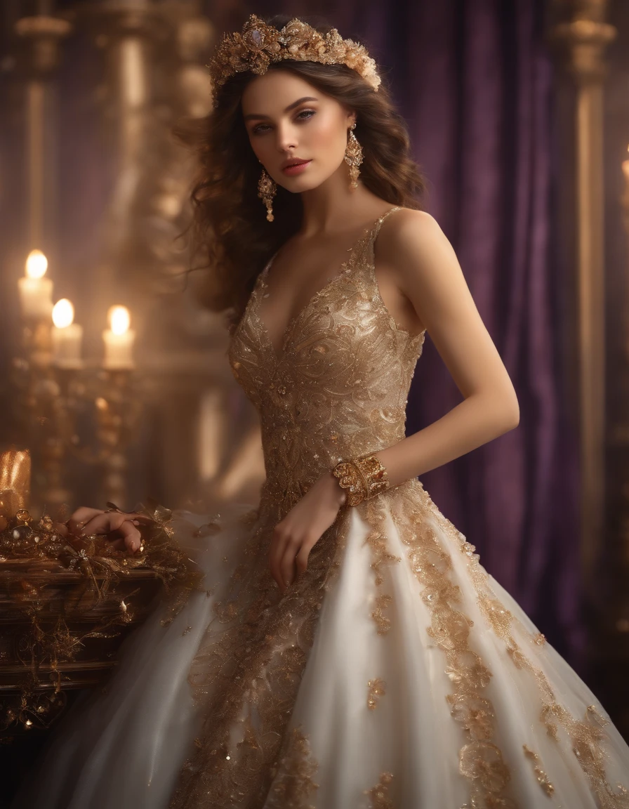 (Best quality,8K,A high resolution,Masterpiece:1.2),Ultra-detailed,(Realistic,Photorealistic,photo-realistic:1.37),Portrait,Creative style artwork,Historical,classical,Sophisticated,plethora of colors,Highly detailed,Soft lighting,luxurious environment,Delicate fairy flowing dress,Vibrant flowers,detailed jewellery,Ethereal atmosphere,Elegant Pose,Graceful curves,Gold body proportions,Flowing hair,Breathtaking textile patterns,Clear shiny purple eyes,Delicate floral decoration,A dazzling array of crystal diamond fittings,Mysterious and dreamy atmosphere,Impeccable attention to detail.