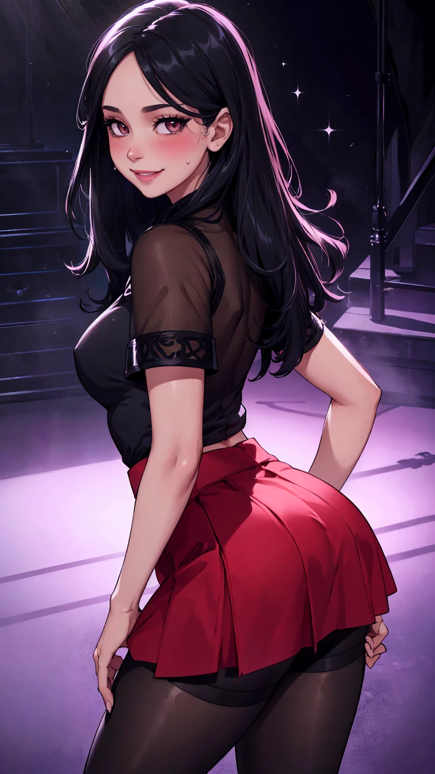 Mina, (detailed lighting, extremely detailed skin, extremely detailed hair, shadows, 8k), looking at viewer, (High Key Lighting), long black hair, fit figure, (smile) ,(blush), sweating, athletic model body, (posterior view), frontal shot, Professional Lighting, intricate, bokeh, cinematic lighting, simple background, blouse, skirt, pantyhose
