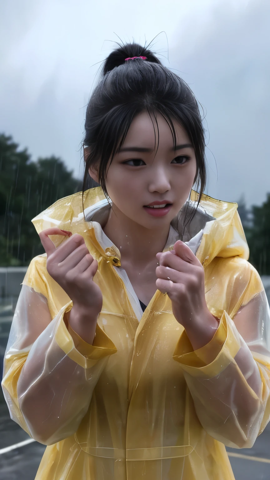 NSFW、最high quality、high quality、Best image quality、8K、最High resolution、High resolution、最high quality、masterpiece、Detailed and realistic human body、Detailed and realistic skin、Realistic face in every detail、Realistic reproduction of every detail、Detailed and realistic lips、Detailed and realistic teeth、Detailed and realistic ears、Detailed and realistic hair、Detailed and realistic weapons、Realistic reproduction of every detail、Realistic fingers in every detail、(Beautiful Hands、thumb1reference4)、Realistic feet down to the last detail、Realistic breasts down to the last detail、Realistic areola down to the last detail、Realistic nipples down to the last detail、Realistic pussy down to the last detail、Realistic vagina down to the last detail、((Realistic pubic hair down to the last detail))、((Beautiful Japanese Girl))、(Japanese Model)、((Cute Japanese Girl))、((Beautiful 18 year old girl))、(Black Hair)、(Straight hair)、(ponytail)、((whole body))、((Beautiful upturned breasts))、(Slim and perfect figure)、(whole body光沢肌、Fair skin)、((暗い cold stormy weather))、((Pouring rain))、((In the storm))、((School Playground))、((Pouring rainの中(A girl standing in the center of the schoolyard))、((傘もささずにPouring rainの中で嘆いている少女))、((Colorful transparent vinyl(Raincoat))、((裸の上にRaincoatを着用))、((Pouring rainを浴びて(Soaked skin from head to toe))、((Rain dripping from the skin))、((彼女の裸体はRaincoatを通してはっきりと見える.))、((肌にピッタリとフィットしたRaincoat))、((Raincoatから滴る雨水))