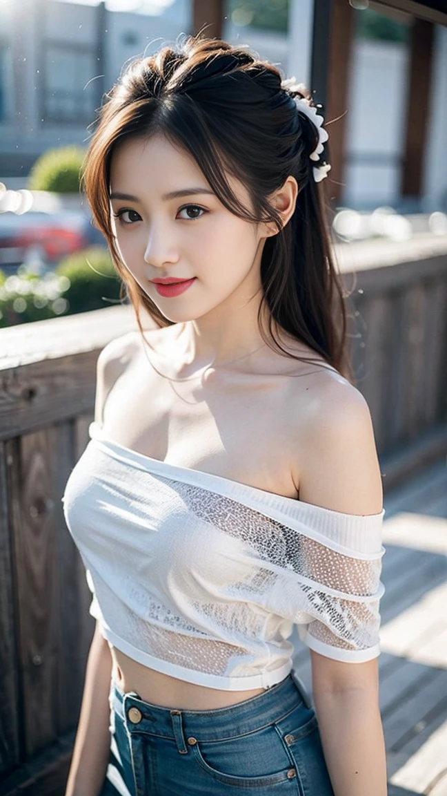 best quality, masterpiece, beautiful and aesthetic, 16K, (HDR:1.4), high contrast, bokeh:1.2, lens flare, (vibrant color:1.4), (muted colors, dim colors, soothing tones:0), cinematic lighting, ambient lighting, sidelighting, Exquisite details and textures, cinematic shot, Warm tone, (Bright and intense:1.2), wide shot, by playai, ultra realistic illustration, siena natural ratio, anime style, a picture from a high angle, a view from above, long Straight black hair with blunt bangs, (a charming smile:1), Gray bracelet, a oversized off-shoulder pink an oversized T-shirt, jeans, playing Gibson bass guitar, a sexy instagram Hot Swiss model, with a tattoo, oversized clevage, Broken Glass effect, no background, stunning, something that even doesn't exist, mythical being, energy, molecular, textures, iridescent and luminescent scales, breathtaking beauty, pure perfection, divine presence, unforgettable, impressive, breathtaking beauty, Volumetric light, auras, rays, vivid colors reflects.