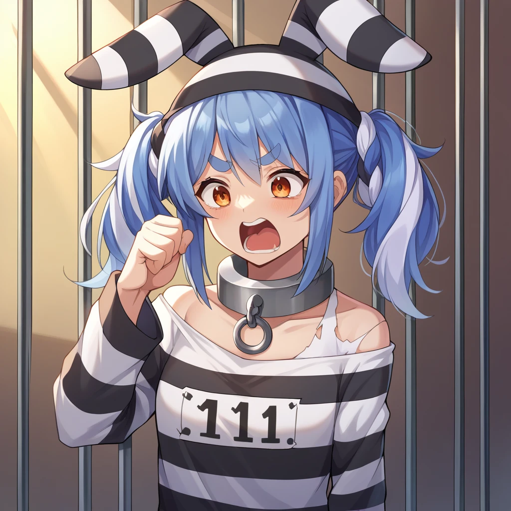 score_9, score_8_up,score_7_up, source_ anime, sunlight, sunrays,
BREAK
prison,bars,
BREAK
PekoraPrisoner, orange eyes, thick eyebrows, rabbit ears, two-tone hair, blue hair, white hair, messy hair, twintails, striped headwear, prison clothes, metal collar, striped shirt, long sleeves, torn shirt, off shoulder, screaming, bars,
