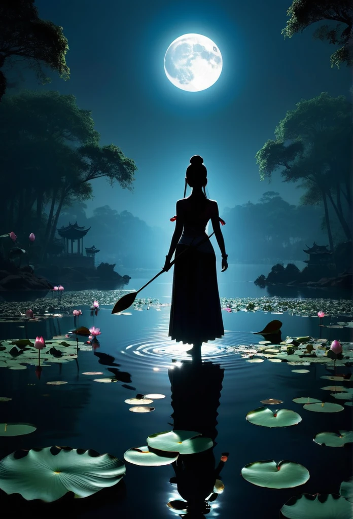 (Heroine silhouette:1.5),Powerful power,on the lake,hight contrast, Movie Lighting, Enigmatic Atmosphere,,lotus flower,Lotus leaf,a moon