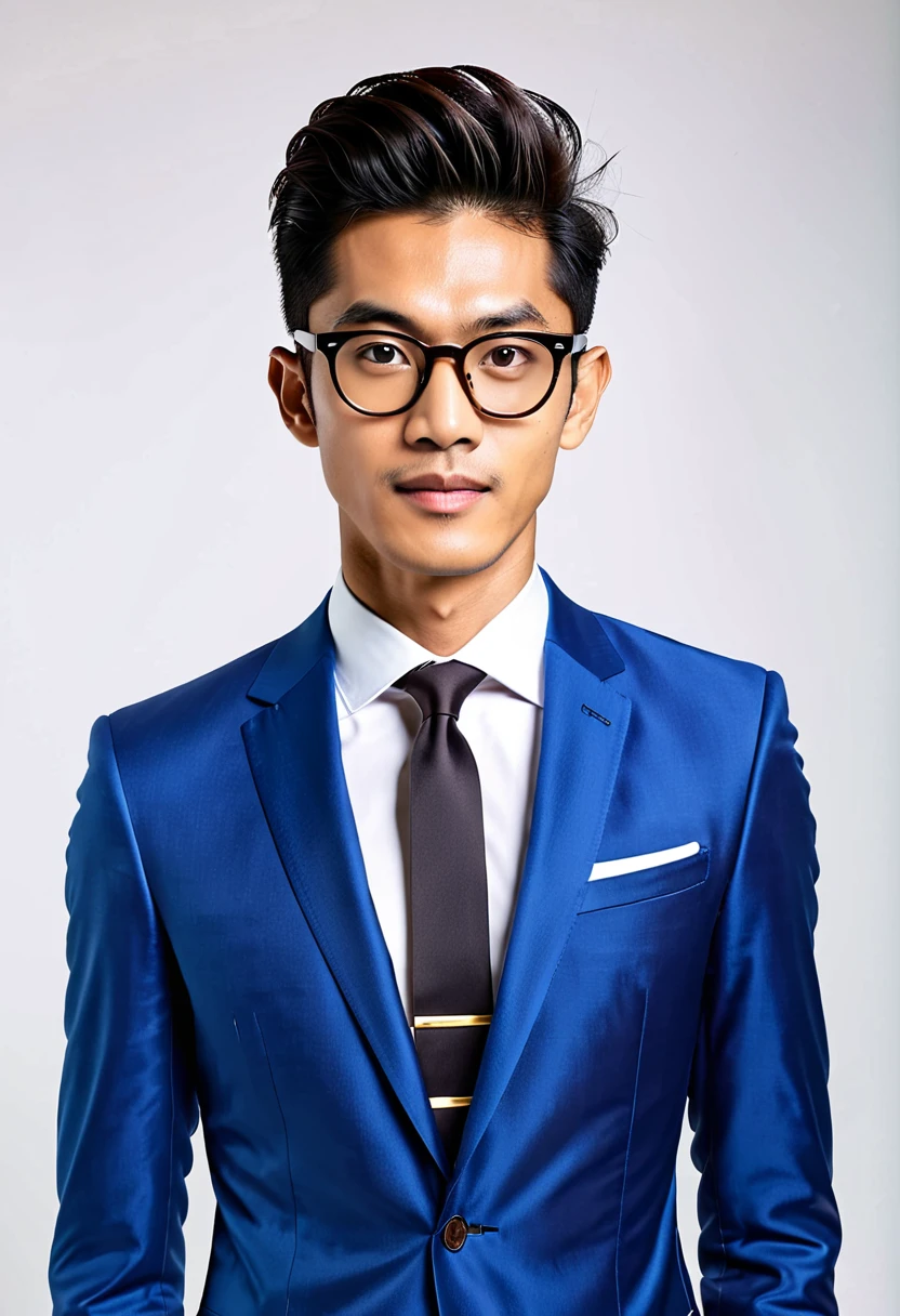 typical indonesian man, skinny oval face shape with glasses, 25 years young, pompadour hairstyle, wearing blue suite, professional pose, facing camera, middle shot, highres, detailed, best quality, masterpiece, hands on sides, white plain beckground