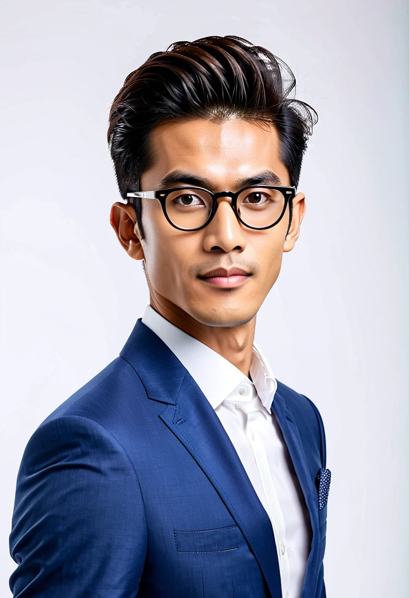 typical indonesian man, skinny oval face shape with glasses, 25 years young, pompadour hairstyle, wearing blue suite, professional pose, facing camera, middle shot, highres, detailed, best quality, masterpiece, hands on sides, white plain beckground