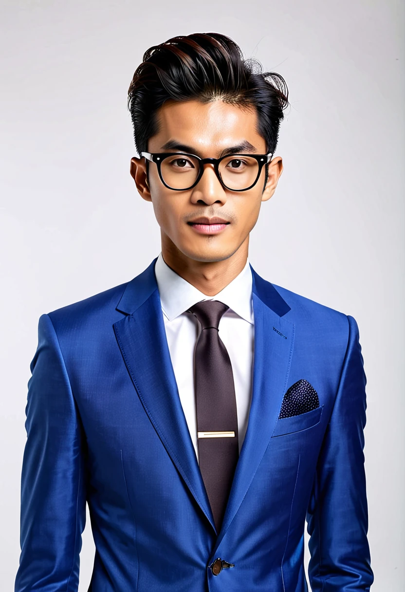 typical indonesian man, skinny oval face shape with glasses, 25 years young, pompadour hairstyle, wearing blue suite, professional pose, facing camera, middle shot, highres, detailed, best quality, masterpiece, hands on sides, white plain beckground