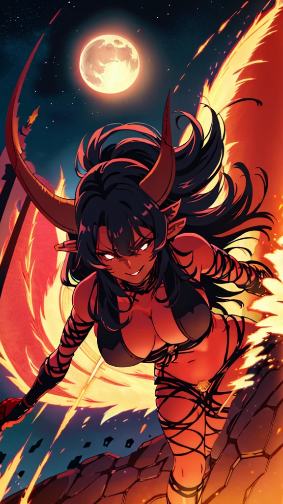 1girl,adult,fit,30s,solo,sensual,black armor,cleavage,pointy ears,black hair,long hair,(((red skin,colored skin))),night,moon,flying,evil smile,dynamic pose, horns,fire magic,attacking,red wings