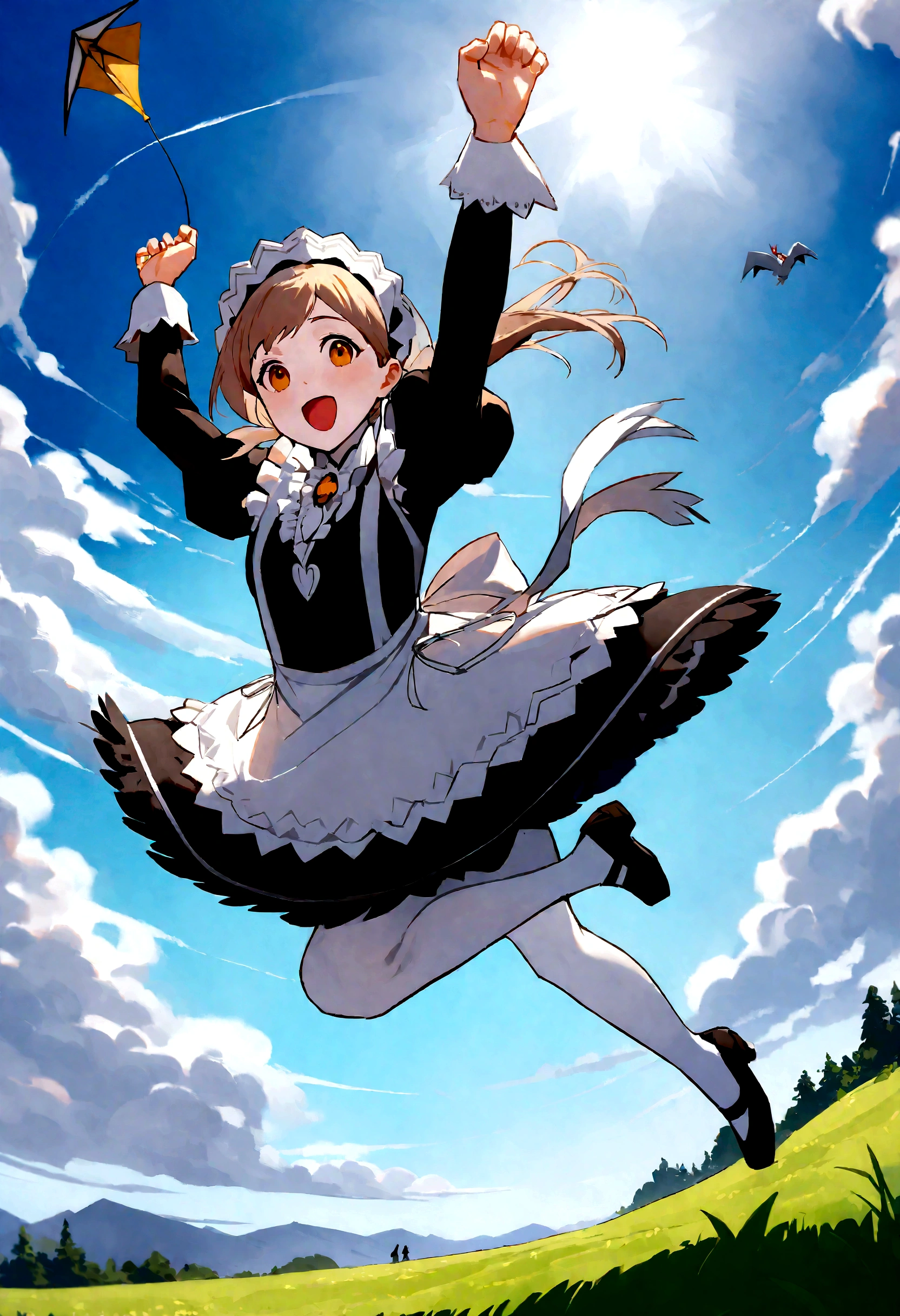 Landscapeの、Landscape、Landscapeのメイド、ビルの上をJump、From Lawn Angle、Maid clothes、beautiful girl、Maid Costume、Frills fluttering in the wind、ビルの合間をJumpする、there is a man that is Jumping in the air with a kite, Leap into the air, Jump pose, Jumping towards viewer, horizontally Leap!!!, Jumping for joy, Leap, Aerial浮揚, Rise from the ground, Leap towards viewer, ultra - high Jump, Jumping, Leap with arms up, Aerial, Jump