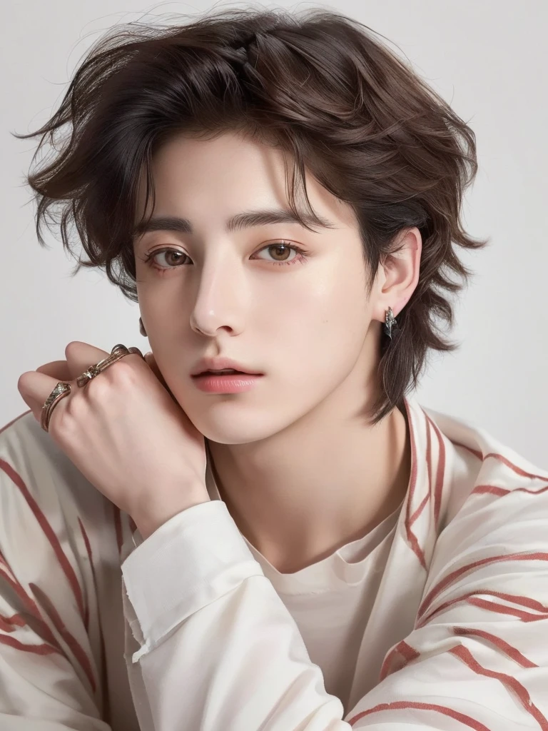A closeup of a young man with a messy haircut, Timotee Chalamet, jeon jungkook, portrait of Timotee Chalamet, cute androgynous prince, delicate androgynous prince, jungkook, high-quality portrait, beautiful young model, androgynous man, beautiful young man, Beautiful young man, jungkook from bts, Tommy 1 6 years, perfect face and boy, editorial model, Jeon Jungkook from bts 