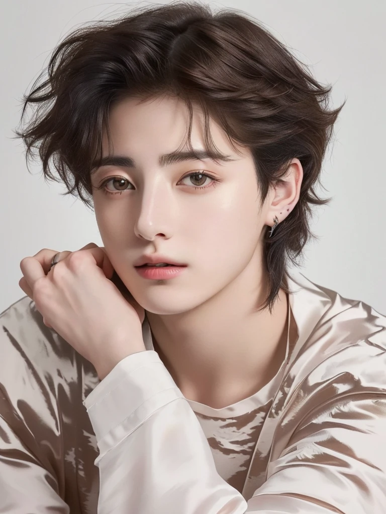 A closeup of a young man with a messy haircut, Timotee Chalamet, jeon jungkook, portrait of Timotee Chalamet, cute androgynous prince, delicate androgynous prince, jungkook, high-quality portrait, beautiful young model, androgynous man, beautiful young man, Beautiful young man, jungkook from bts, Tommy 1 6 years, perfect face and boy, editorial model, Jeon Jungkook from bts 