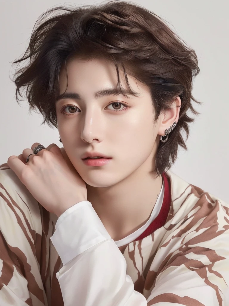 A closeup of a young man with a messy haircut, Timotee Chalamet, jeon jungkook, portrait of Timotee Chalamet, cute androgynous prince, delicate androgynous prince, jungkook, high-quality portrait, beautiful young model, androgynous man, beautiful young man, Beautiful young man, jungkook from bts, Tommy 1 6 years, perfect face and boy, editorial model, Jeon Jungkook from bts