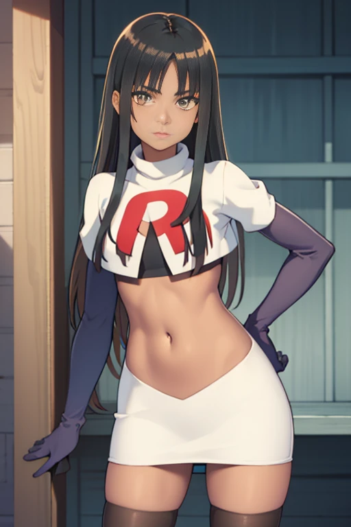 photorealistic (4k) depth of field, (Masterpiece), (realistic skin texture), extremely detailed, intricate, hyper detailed, professional photography, high resolution, sharp detail, best quality, woman, tanned skin, long hair, 2eyes, solo, team rocket, team rocket uniform, red symbol Ω, white skirt, white crop top, black thigh highs, black elbow gloves