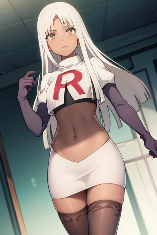 photorealistic (4k) depth of field, (Masterpiece), (realistic skin texture), extremely detailed, intricate, hyper detailed, professional photography, high resolution, sharp detail, best quality, woman, tanned skin, long hair, 2eyes, solo, team rocket, team rocket uniform, red symbol Ω, white skirt, white crop top, black thigh highs, black elbow gloves