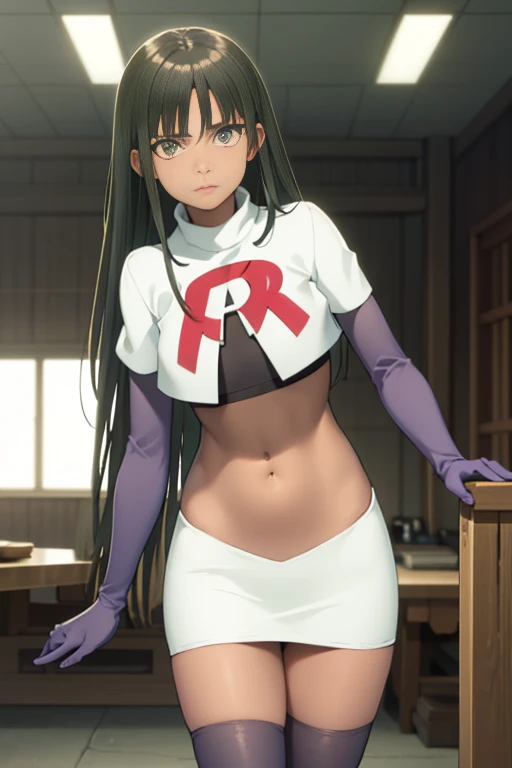 photorealistic (4k) depth of field, (Masterpiece), (realistic skin texture), extremely detailed, intricate, hyper detailed, professional photography, high resolution, sharp detail, best quality, woman, tanned skin, long hair, 2eyes, solo, team rocket, team rocket uniform, red symbol Ω, white skirt, white crop top, black thigh highs, black elbow gloves