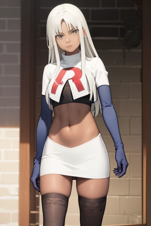 photorealistic (4k) depth of field, (Masterpiece), (realistic skin texture), extremely detailed, intricate, hyper detailed, professional photography, high resolution, sharp detail, best quality, woman, tanned skin, long hair, 2eyes, solo, team rocket, team rocket uniform, red symbol Ω, white skirt, white crop top, black thigh highs, black elbow gloves