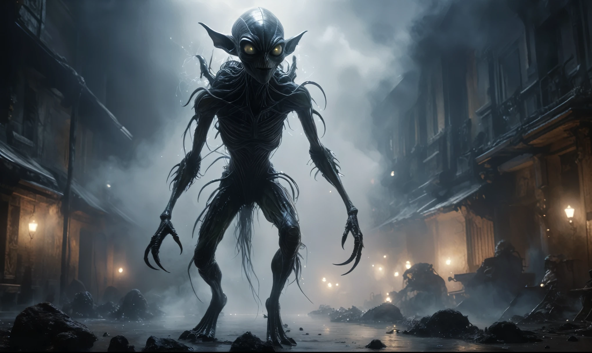 full body length,niobium goblin,native africa xenomorph,once pretty face,eyebrow up,full body shot,ominous landscape,niobium gray atmosphere,photo,photorealism,Masterpiece,natural skin textures, hyper realism,hyper detailed,High contrast,Realism,Ultra Detailed,irina yermolova,close full body shot,32K resolution,Nikon Z9, ,demonic, dust, smoke, audience, mist, featuring ultra-realistic and hyper-realistic elements,
Marta Bevacqua, Ellen Jewett, Kawacy, Katsuya Terada, Carne Griffiths, explosive lightning, concert lighting, bokeh, luminal space that feels
both bright and surreal. Includes liquid fluid elements for added depth and movement. Rendered in an unreal
engine and post-processed to achieve . Evokes a sense of dreamy, ethereal
and mystical mood,horror pixar movie still,thriller disney movie ,pixar render, animated