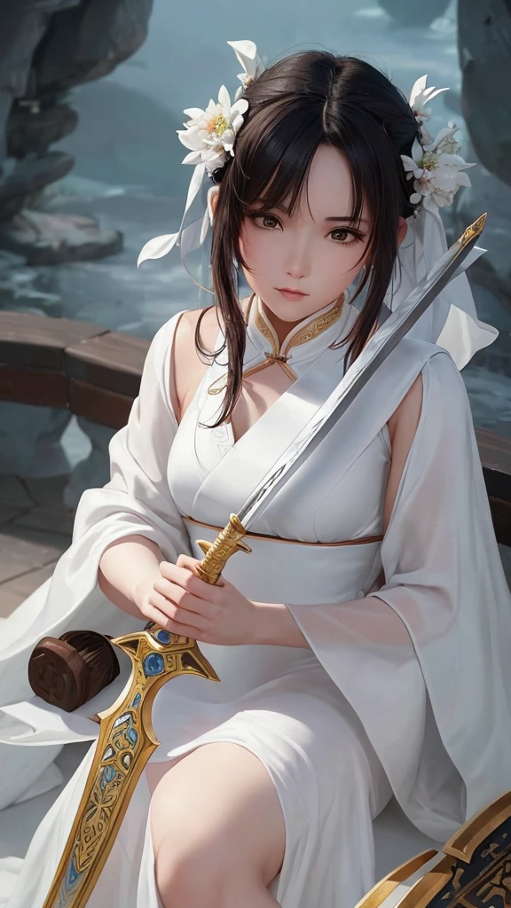 a close up of a woman with a sword in a white dress, a character portrait by Yang J, trending on cgsociety, fantasy art, beautiful character painting, artwork in the style of guweiz, guweiz, white hanfu, flowing white robes, full body wuxia, epic exquisite character art, stunning character art, beautiful female assassin  