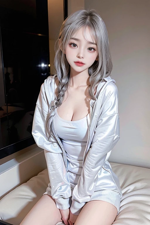 8K, RAW Photos, Fujifilm, Beautiful 20 year old woman style photo, (((Gray Hair:1.3,美しいGray Hairのストレートヘアー、シルキーなGray Hair)))、(((See-through clothing:1.5,))) Gold earrings, (Highly detailed skin: 1.2), Light medium brown hair, Film Grain, 35mm, Cute Style、(((Sitting 1.5)))、Selfie、Spread your legs、sexy、erotic