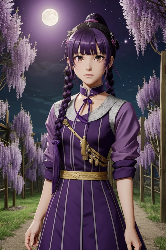Screenshot from Kimetsu no Yaiba of a girl with long dark purple hair tied in a ponytail and bangs with a braid as a headband, He has a moon brooch in his bangs, He has purple eyes, he has a serious expression and he has a demon hunting uniform with a moon sign., It is located on a farm at night surrounded by wisteria trees
