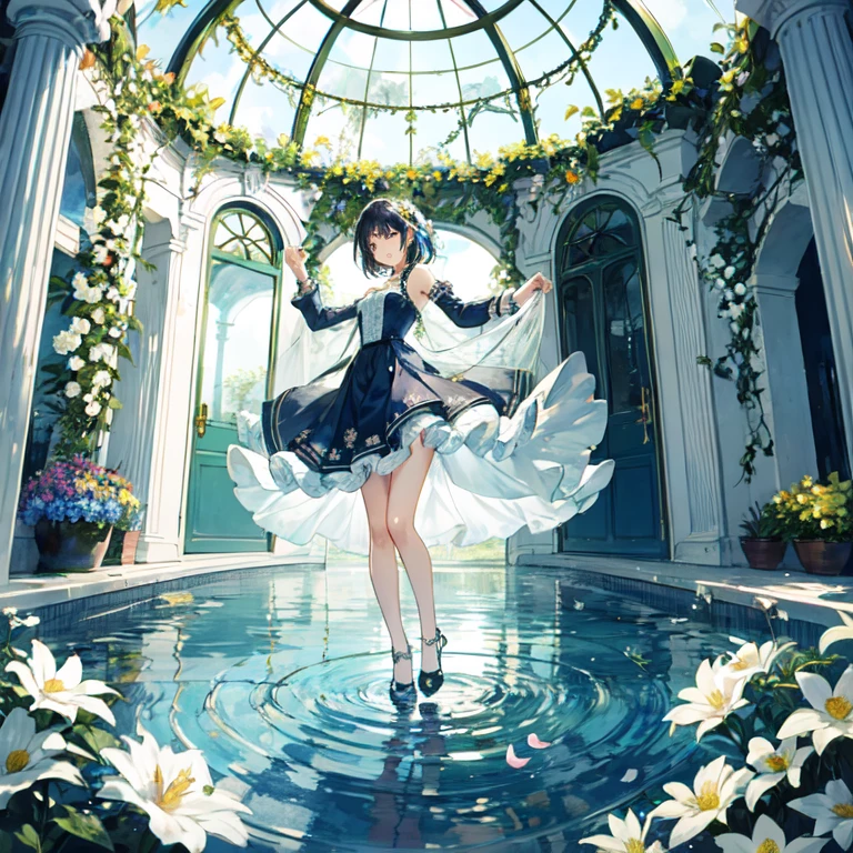 The combination of women and flowers，Colorful，dream，conservatory，glass building，water surface，((Ultra-high detail))，a girl，There are many flowers on the body，dynamic poses，looking into camera，As if he had something to say，best picture