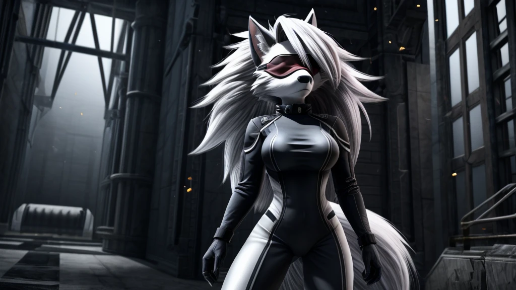 Loona from Helluva Boss, female white wolf, anthro, mature adult, fluffy short white hair, blindfold, white military combat bodysuit, standing, serious, detailed, solo, beautiful, high quality, 4K