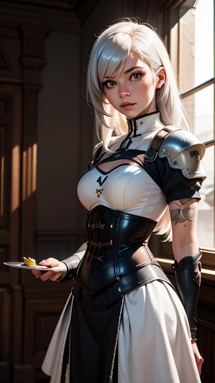 Gwen Tennyson,YoRHa 2b,tracer,Claire Fallon,Overwatch,Atelier Ryza,close,Castle siege battle,Tattoo,Silver and white plug suit,white short sleeve night top,Short Sleeve Knight Full Plate Armor,long night skirt,Steel Knight Corset,Super long hair,Queen&#39;s Makeup,Green Eyes,Multicolored silver hair,Long dress train,Sexy smile, freckles,beautiful girl,Silver thigh-high boots,Large Breasts,8K,Super detailed,Realistic,Fantasy art,Silver Knight Uniform,queen gown dress,hairpin,Ear Piercing,Templar Hand and Neck Jewelry,(weather:the wind is strong),One girl,Long Scarlet Knight Coat,battlefield,Holding a Templar shield,