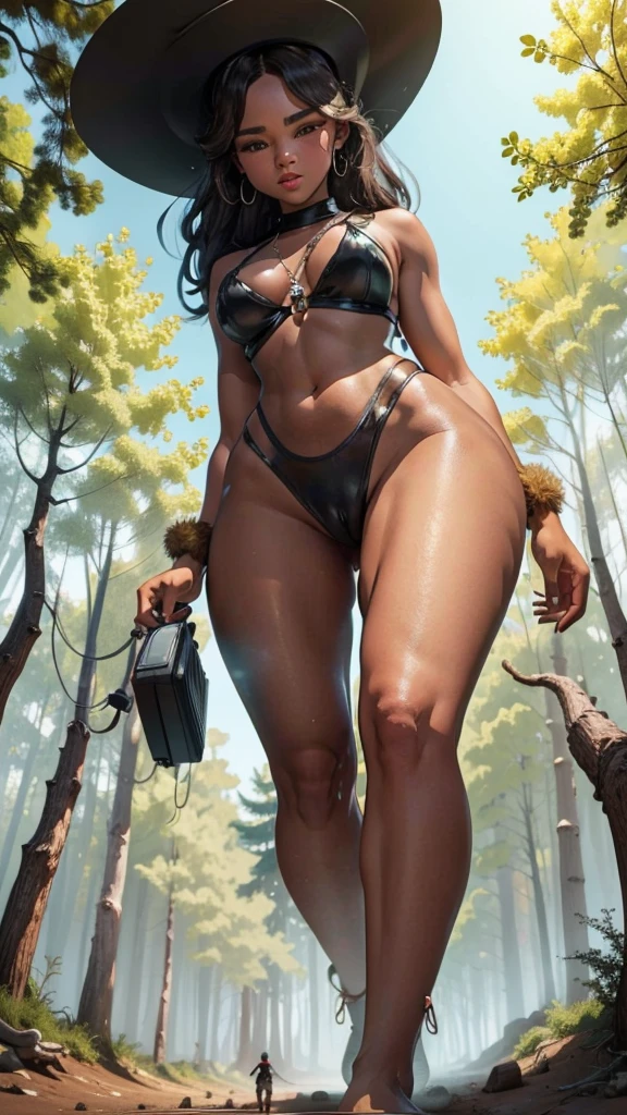 In a forest of large trees there is an even larger Amazonian giantess, with brown skin, black hair, thin, with clothes of the forest, and with very long legs, she is looking for small human invaders of the forest to destroy them so that they do not disturb the peace of the forest. Giantess, goddess, hot, black skin, tall legs, sexy, tiny people, tiny humans, crush, forest, trees, standing, group of small people, slim body