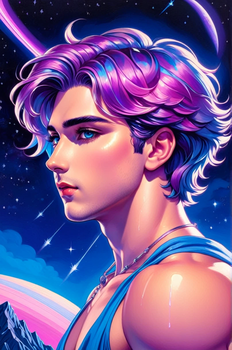 dall3test, vaporwave, a portrait of a handsome 26 year old man by Paul Kidby, at night under the stars, glowing gem necklace, energy lines, ð· ðððð¦, colorful mountainscape, leaning back, chubby chest, blue and pink theme with deep purple shadows obscuring his face. Mello mood, the portrait invokes a calming feeling, there is deep contrast in the art, shooting stars in the background, stunning eyes,