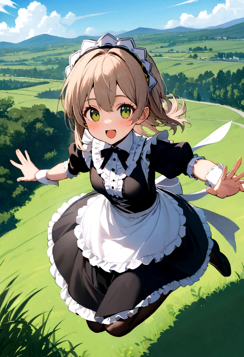 走るようなJump、Running pose、Masterpiece、Landscapeの、Landscape、Landscapeのメイド、ビルの上をJump、From Lawn Angle、Maid clothes、beautiful girl、Maid Costume、Frills fluttering in the wind、ビルの合間をJumpする、there is a man that is Jumping in the air with a kite, Leap into the air, Jump pose, Jumping towards viewer, horizontally Leap!!!, Jumping for joy, Leap, Aerial浮揚, Rise from the ground, Leap towards viewer, ultra - high Jump, Jumping, Leap with arms up, Aerial, Jump