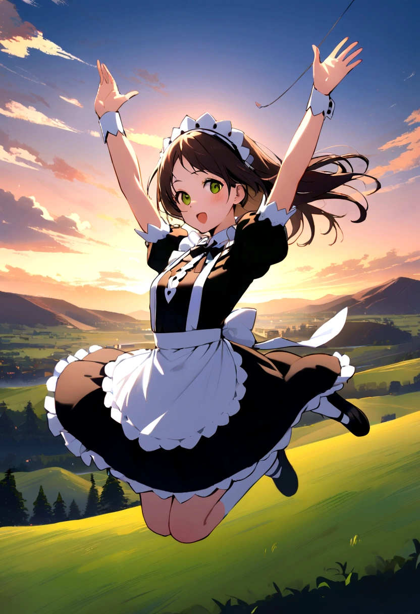 走るようなJump、Running pose、Masterpiece、Landscapeの、Landscape、Landscapeのメイド、ビルの上をJump、From Lawn Angle、Maid clothes、beautiful girl、Maid Costume、Frills fluttering in the wind、ビルの合間をJumpする、there is a man that is Jumping in the air with a kite, Leap into the air, Jump pose, Jumping towards viewer, horizontally Leap!!!, Jumping for joy, Leap, Aerial浮揚, Rise from the ground, Leap towards viewer, ultra - high Jump, Jumping, Leap with arms up, Aerial, Jump