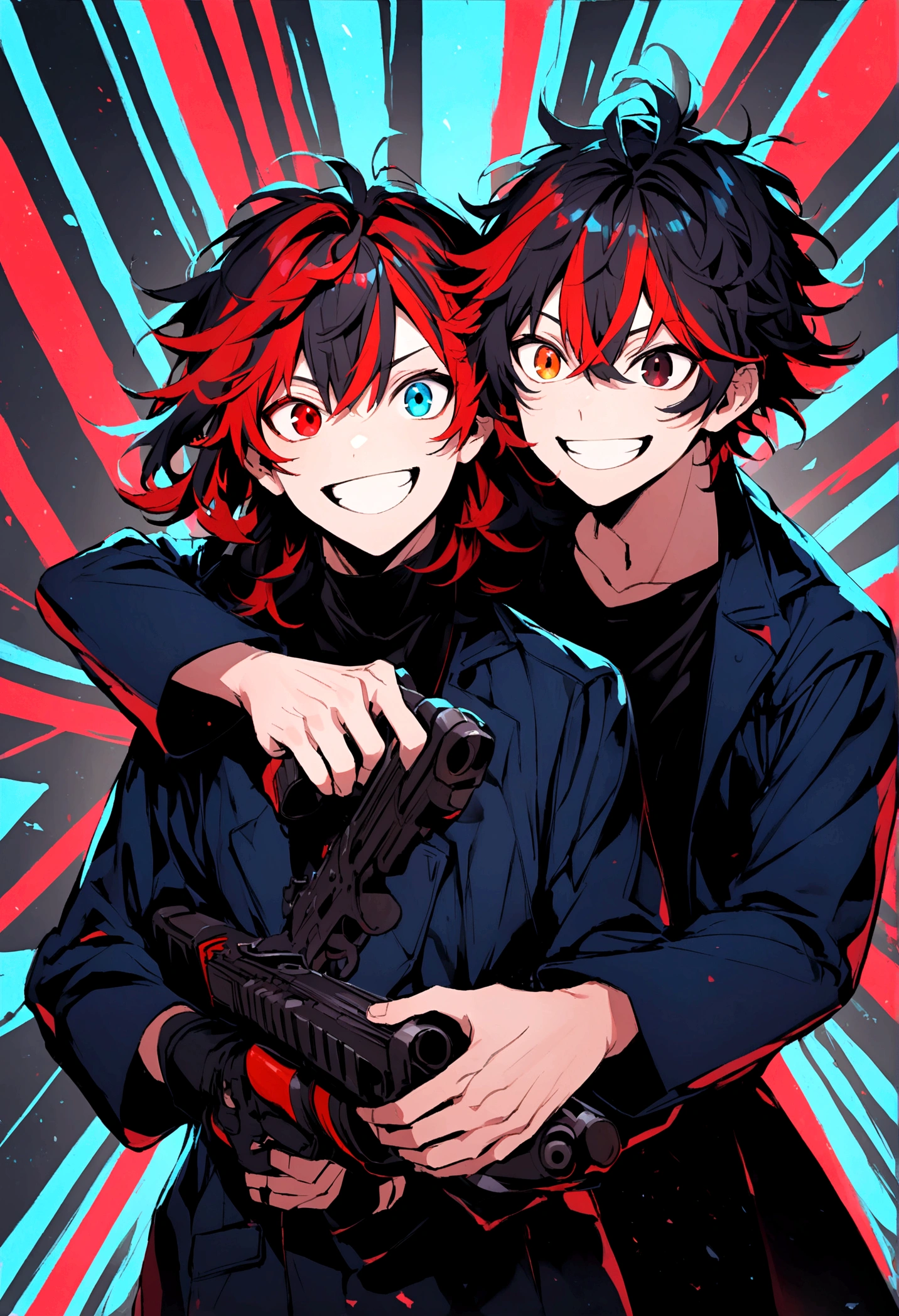 Teenage boy, Messy hair, medium length hair, multicolored black and red hair, black and red eyes heterochromia, excited smile, loose black shirt, black and blue coat, carrying two shotguns, one in each hand, 