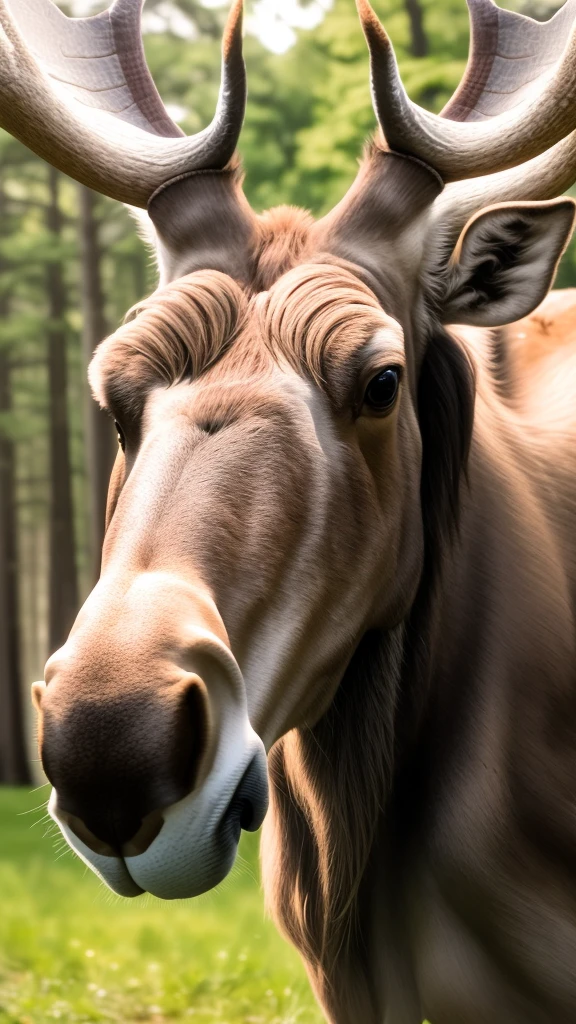 portrait of a surprised moose with great horns,bottom view,Outdoors,ral-swarcrystl,8k,F2.8,RAW Photo,ultra detailed,soft lighting,real life,ultra detailed